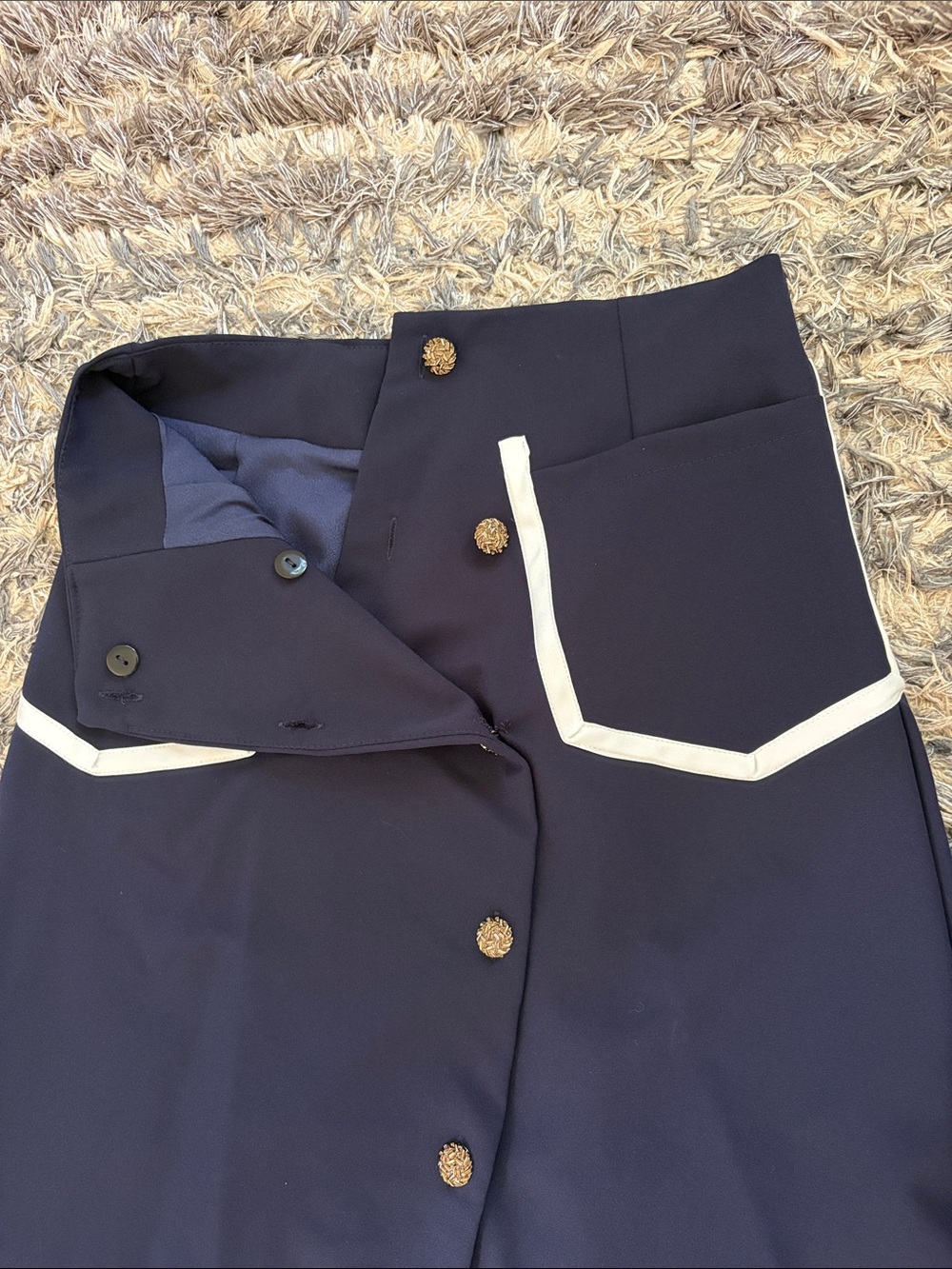NWOT Asymmetrical Cold Shoulder Top & Button Front Midi Skirt Set Navy White S - Picture 15 of 16